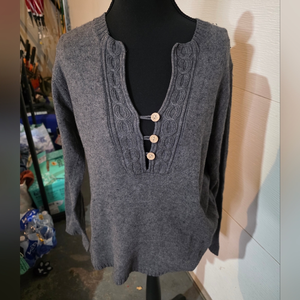Columbia Charcoal V-Neck Sweater with Button Detail